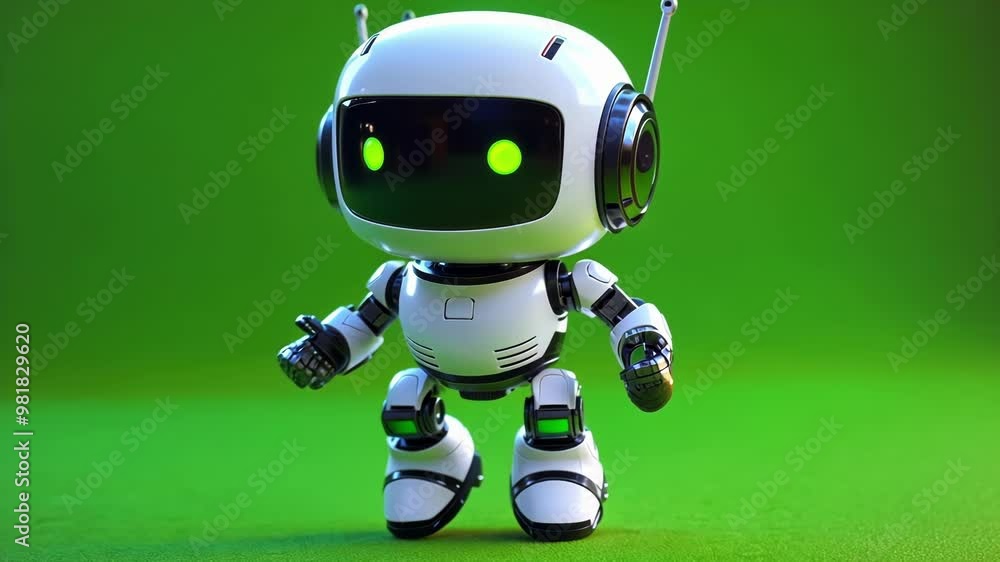Poster white robot with glowing green eyes is standing on a green screen background, making it easy to isol