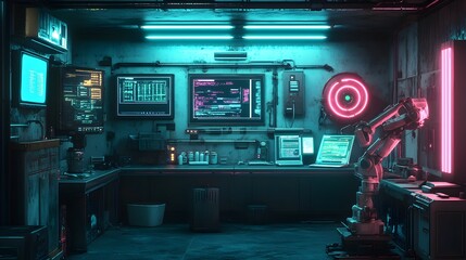 Obraz premium Sci-fi interrogation room, robotic arms injecting truth serum, suspect staring at holographic monitors, neon-lit tech walls, AI monitoring vitals, high-tech dystopian, Photorealistic, dark lighting