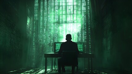 Shadowy figure in a dim interrogation room, holographic lie detector in front, green glowing tech, dramatic lighting, tense atmosphere, Cyberpunk illustration