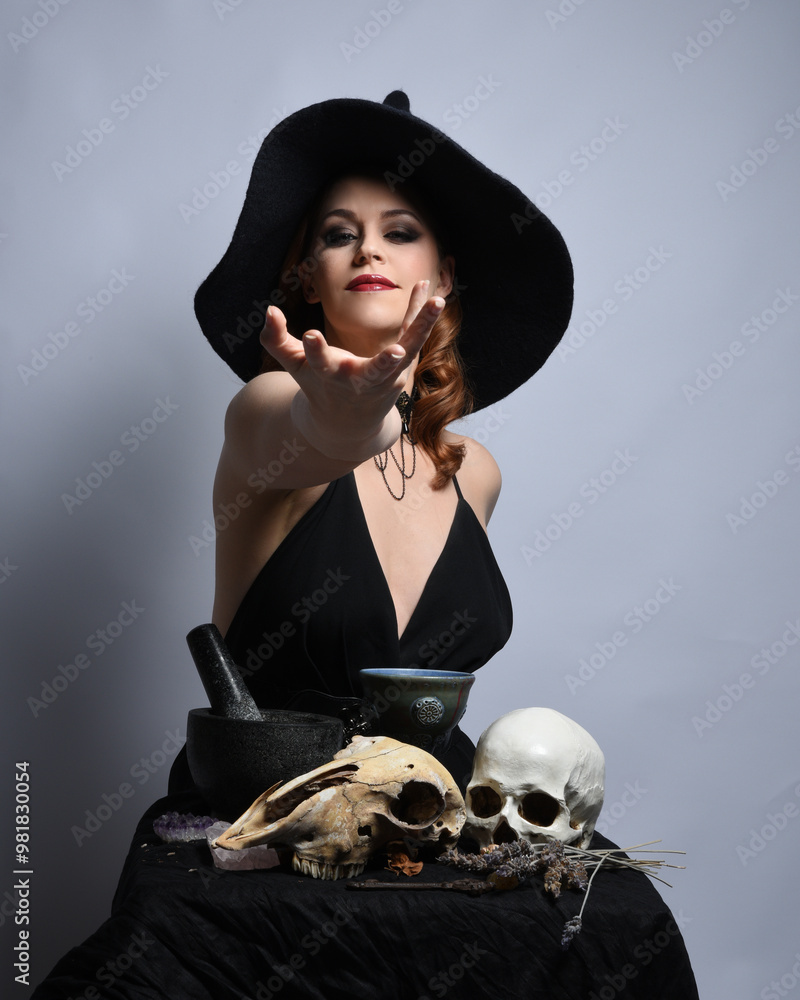 Canvas Prints Close up portrait of beautiful  female model wearing black dress, pointy witch hat halloween costume.  Isolated figure on studio background. Casting magic spell at spooky occult  ritual potion table 