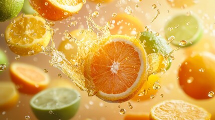 Sliced Oranges and Limes Splashing in Citrus Juice