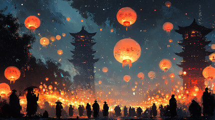 Fototapeta premium People gathered at a vegetarian festival temple, praying under the glow of lanterns, oil painting style, warm and peaceful atmosphere,