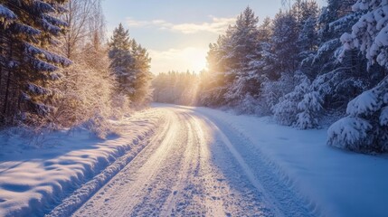Winter road in the forest. Winter landscape. Panoramic view.