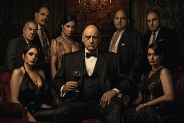 Fototapeta premium A mafia family portrait with each member displaying a unique blend of elegance and menace, the patriarch in the center holding a glass of wine