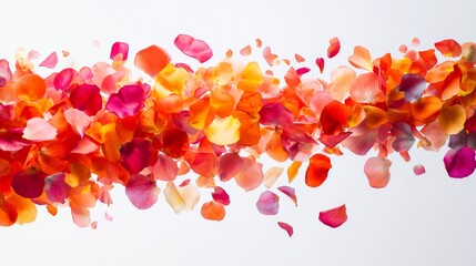 A Scattering of Pink, Orange, and Yellow Rose Petals on a White Background