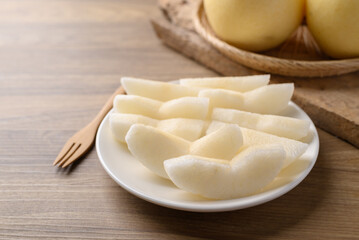 Asian pear fruit on plate ready to eating, Sweet and juicy fruit
