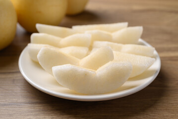 Asian pear fruit on plate ready to eating, Sweet and juicy fruit