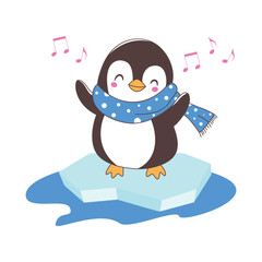 Cute Penguin Animal Character Wearing Scarf Listening Music on Polar Ice with Happy Expression