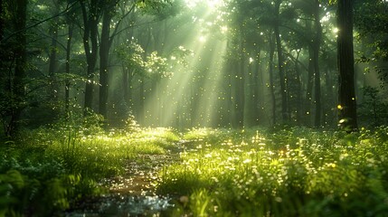 Enchanted Forest: Sunbeams and Fireflies