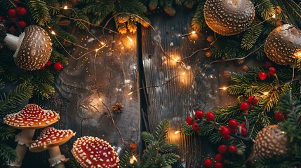 New Year's Eve flatlay with decorative juniper branches, shimmering garland, charming fly agaric mushrooms, and 2024 numbers