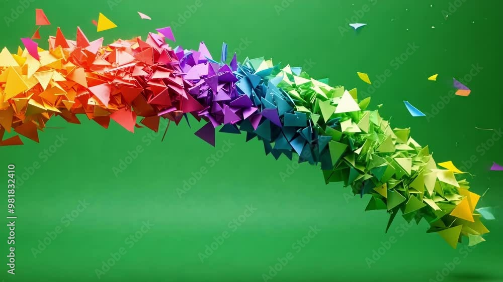 Poster origami shape with vivid colors is moving fast on a green screen background, perfect for motion grap