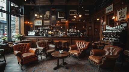 A cozy, traditional coffee house with dark wood furniture, overstuffed armchairs, and vintage lighting fixtures. The soft,