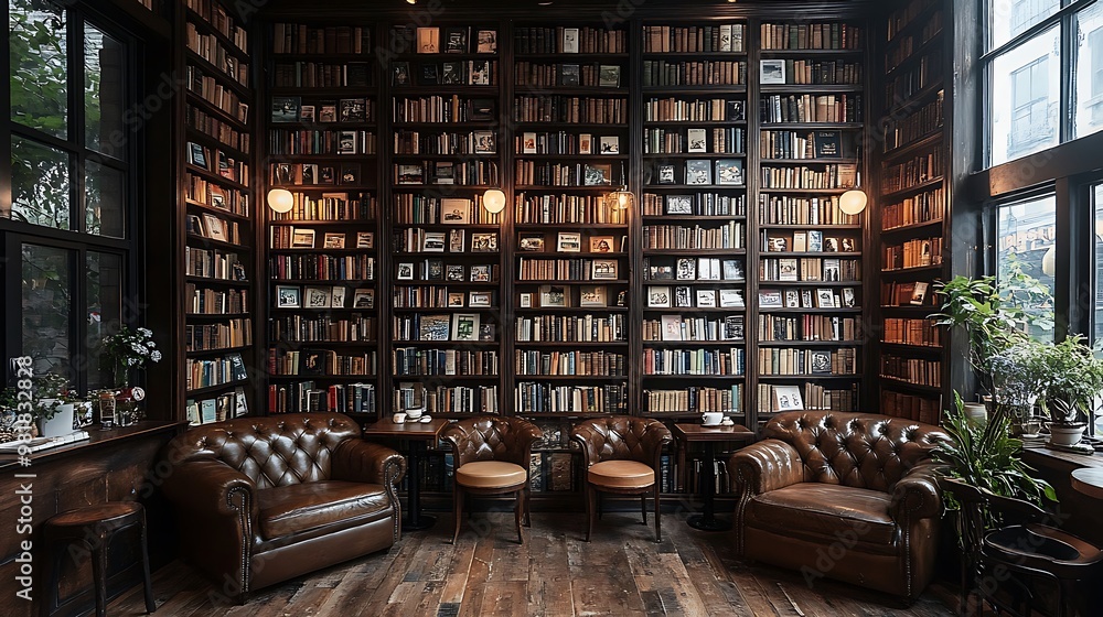 Canvas Prints A cozy vintage library-style coffee shop with dark wooden bookshelves lining the walls, leather armchairs, and soft ambient lighting. The space feels warm and inviting,