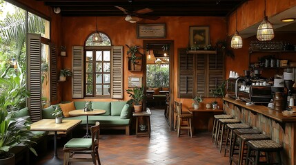 A Mediterranean lounge coffee shop with warm terracotta hues, olive green seating, and wooden shutters. The cozy, rustic decor is complemented by soft, natural lighting and a serene,