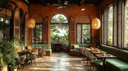 Obraz premium A Mediterranean lounge coffee shop with warm terracotta hues, olive green seating, and wooden shutters. The cozy, rustic decor is complemented by soft, natural lighting and a serene,