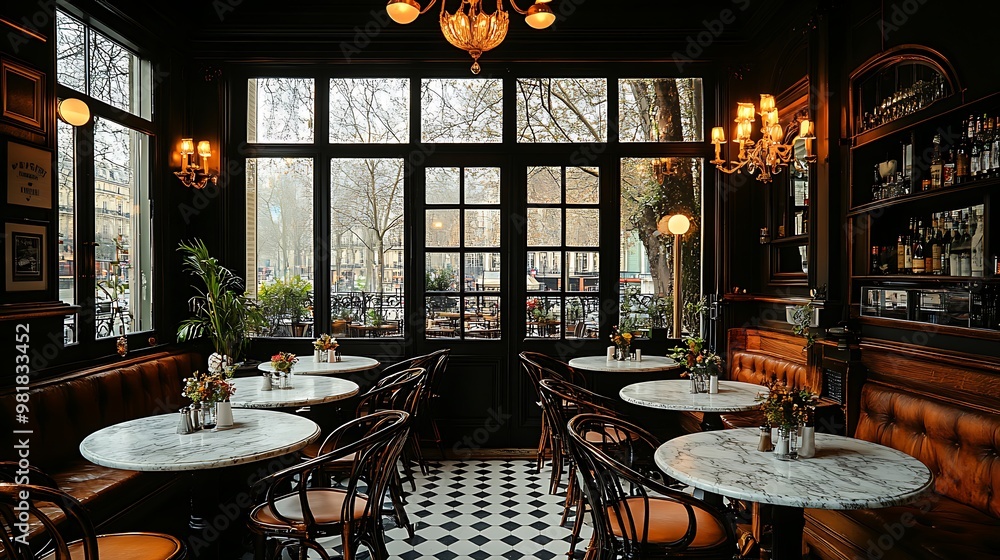 Sticker A quaint Parisian bistro with marble-topped tables, wrought iron chairs, and elegant chandeliers. Soft natural light streams through large windows, creating a charming,