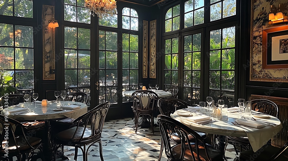 Poster A quaint Parisian bistro with marble-topped tables, wrought iron chairs, and elegant chandeliers. Soft natural light streams through large windows, creating a charming,