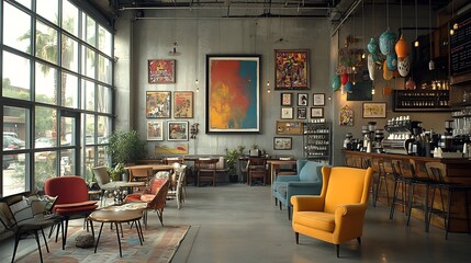 A quirky, eclectic coffee shop with loft-style decor, featuring mismatched chairs, colorful hanging art, and unique decorative items. The open space is bright and creative,