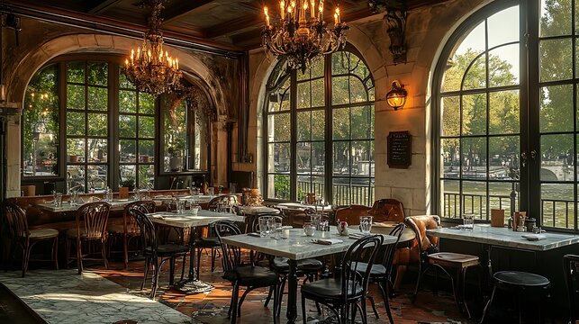 A quaint Parisian bistro with marble-topped tables, wrought iron chairs, and elegant chandeliers. Soft natural light streams through large windows, creating a charming,