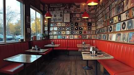 A retro-inspired coffee shop with bold colors, mid-century modern furniture, and vinyl records lining the walls. Bright red booths and vintage pendant lights create a cozy,