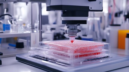 Close-up of an advanced bioprinting machine laying down intricate layers of cellular material, while a sterile, bright laboratory environment with cutting-edge equipment surrounds the scene 
