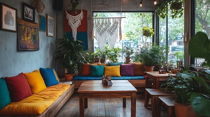 Fototapeta premium A vibrant bohemian coffee shop interior with colorful cushions, wooden tables, macramé hangings, and potted plants. Warm natural light bathes the room, creating a relaxed,
