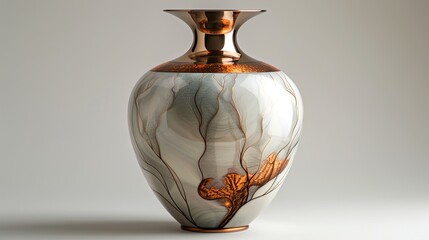 White Ceramic Vase with Copper Glaze and Floral Design
