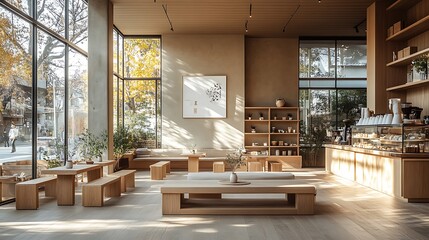 A zen-inspired minimalist coffee shop with light wood furniture, soft neutral colors, and large open windows. The serene design and clean lines evoke a peaceful,