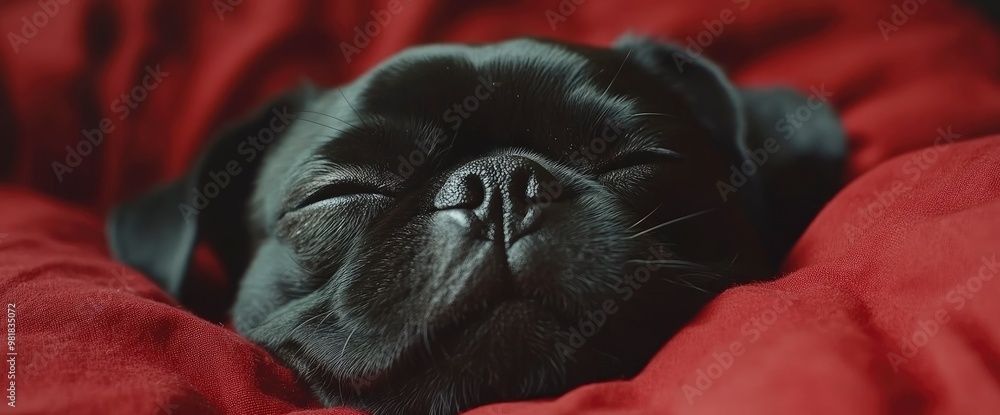 Wall mural sleeping black pug on red blanket