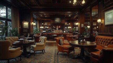 Classic coffee house with dark wooden tables, plush armchairs, and warm ambient lighting.