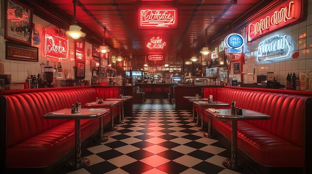 Classic 1950s-inspired coffee shop with red leather booths, black and white checkered floors, and neon signs on the walls.
