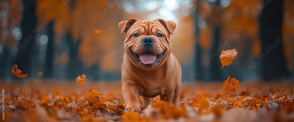 Poster happy bulldog puppy in autumn leaves