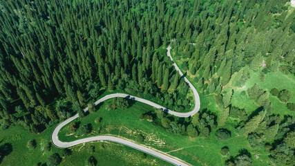 Aerial view of winding mountain road