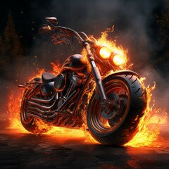 motorcycle located in a burning flame Created with Generative AI technology.