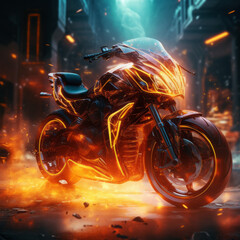 motorcycle located in a burning flame Created with Generative AI technology.