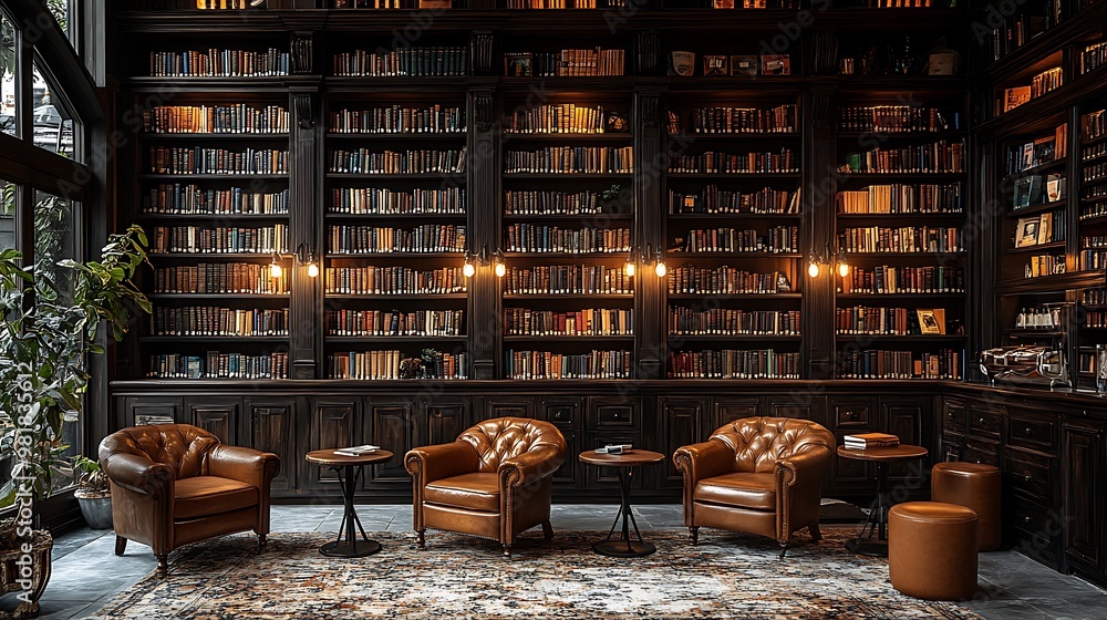 Canvas Prints Coffee shop designed like a vintage library, featuring dark wooden shelves packed with books, leather chairs, and soft, glowing lamps.