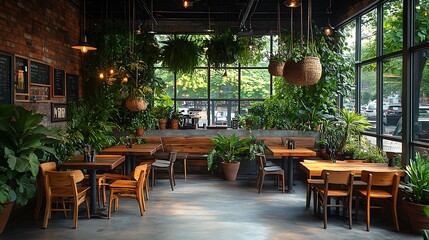 Obraz premium Coffee shop interior filled with greenery, hanging planters, and large potted plants. Rustic wooden tables and chairs blend with the natural elements,