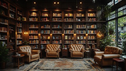 Obraz premium Coffee shop interior with a vintage library aesthetic, featuring dark wood shelves filled with books, leather armchairs, and soft lighting. The cozy,