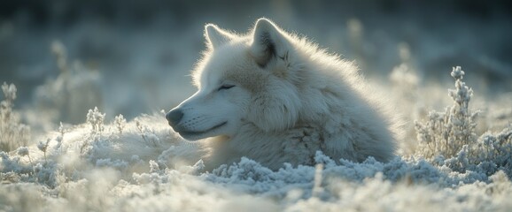 Naklejka premium Arctic Wolf Resting in Snowy Landscape