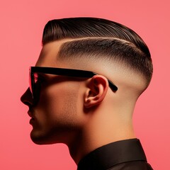 Fashionable Man Wearing Sleek Sunglasses on Vibrant Coral Background