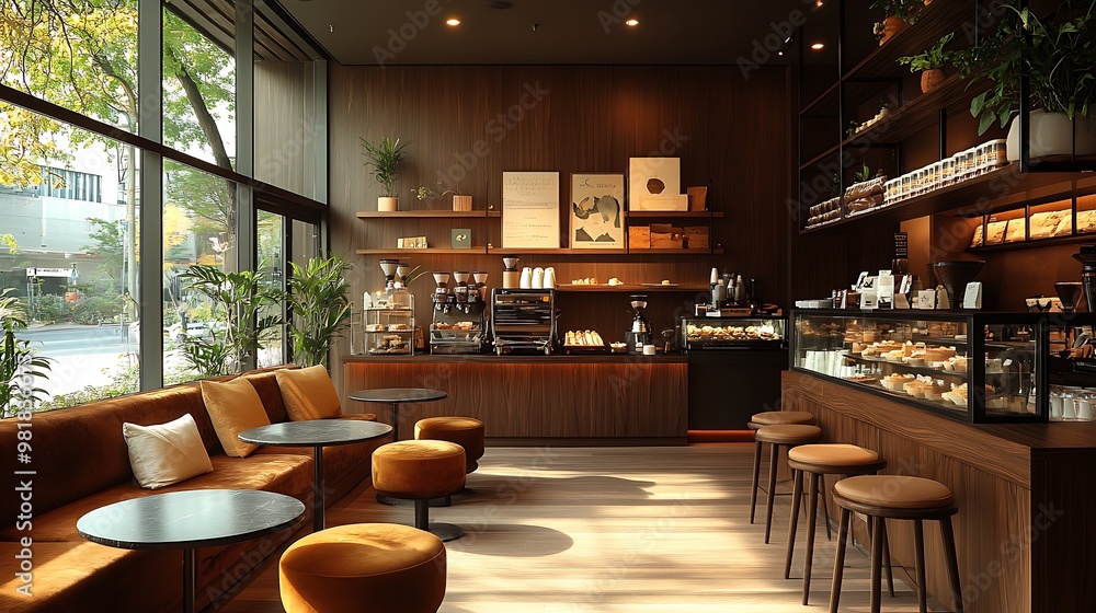 Canvas Prints Cozy modern coffee shop with sleek dark wood furniture, plush velvet seating, and a minimalist aesthetic. Soft, warm lighting creates a refined yet welcoming ambiance,