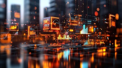 Obraz premium Futuristic Business Presentation with Floating 3D Cubes Displaying Interactive Graphs and Performance Indicators