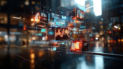 Futuristic Business Presentation with Floating 3D Cubes Displaying Interactive Graphs and Indicators on Dark Background with Light Reflections
