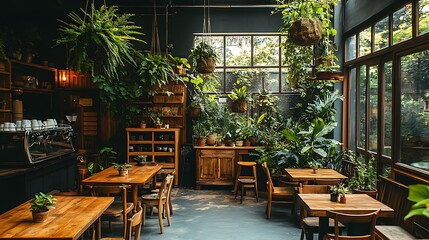 Fototapeta premium Cozy urban jungle coffee shop with an abundance of green plants, hanging planters, and large potted trees. Rustic wooden tables and natural light enhance the nature-infused,