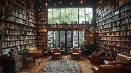 Cozy vintage library coffee shop with floor-to-ceiling bookshelves, plush leather armchairs, and warm ambient lighting.