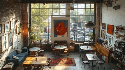 Eclectic loft coffee shop with mismatched vintage tables and chairs, quirky decor, and hanging modern art. Large windows flood the open, creative space with natural light, enhancing its vibrant,
