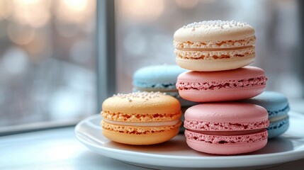 Fototapeta premium Close-Up of Colorful Macarons on White Plate – Bright Pastel French Pastries