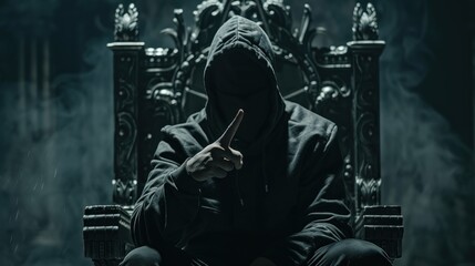 anonymous figure wearing a hoodie sits on a throne, hand finger raised showing rebellious gesture