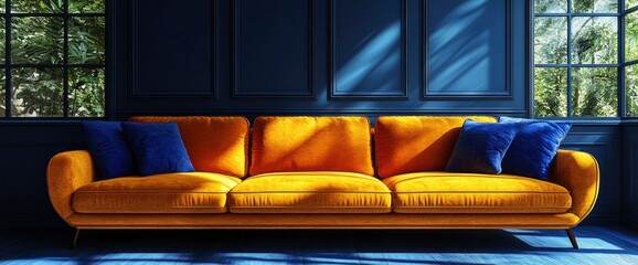 Elegant Yellow Sofa in a Blue Room with Natural Light