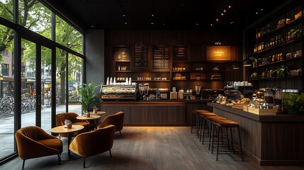 Fototapeta premium Interior of a modern, elegant coffee shop with dark wood furniture, plush velvet chairs, and minimalist design. Warm lighting adds to the sleek and sophisticated ambiance, perfect for a cozy,